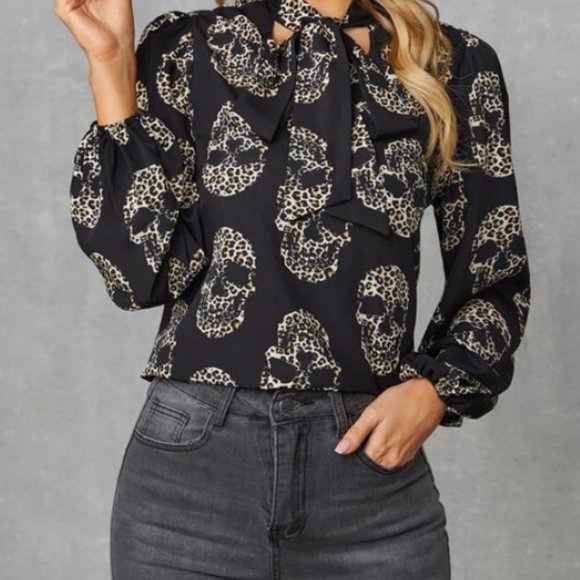 Skull Tie Neck Blouse Leopard Print - Picture 4 of 4